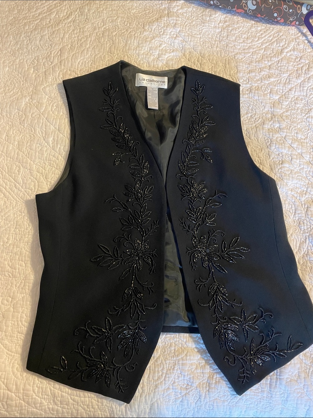 Liz Claiborne Black Floral beaded Sleeveless Vest